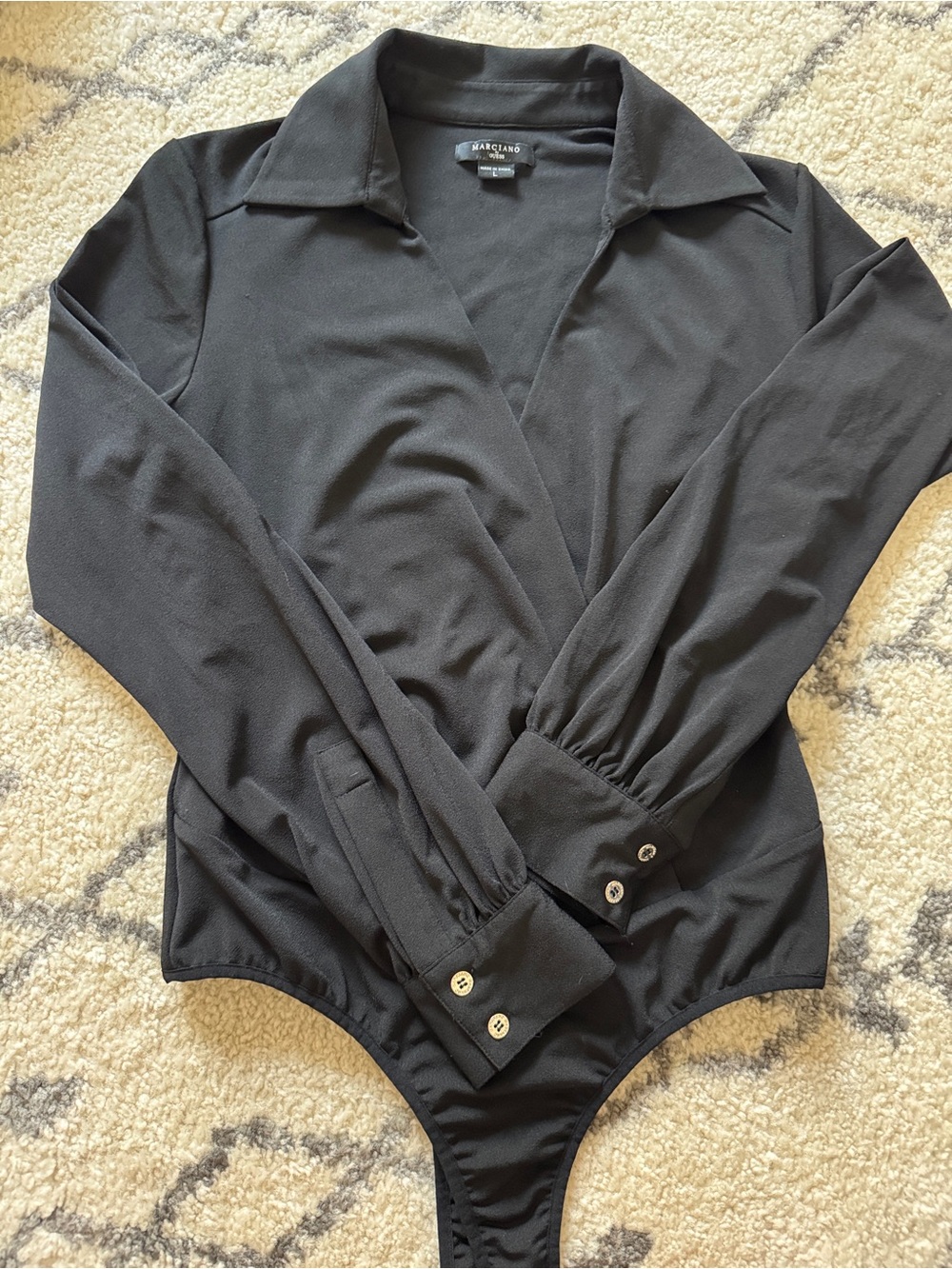 Marciano Black Long-Sleeve Collared Wrap Bodysuit